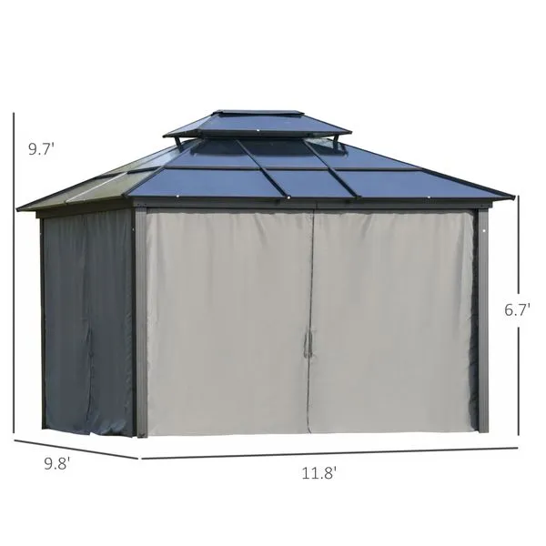 12 x 10 ft. Outdoor Double Tiered Hardtop Gazebo Canopy with Curtains - Black