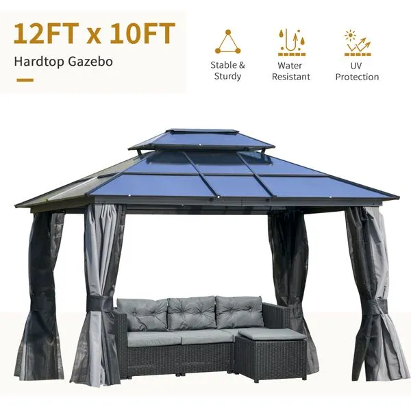 12 x 10 ft. Outdoor Double Tiered Hardtop Gazebo Canopy with Curtains - Black