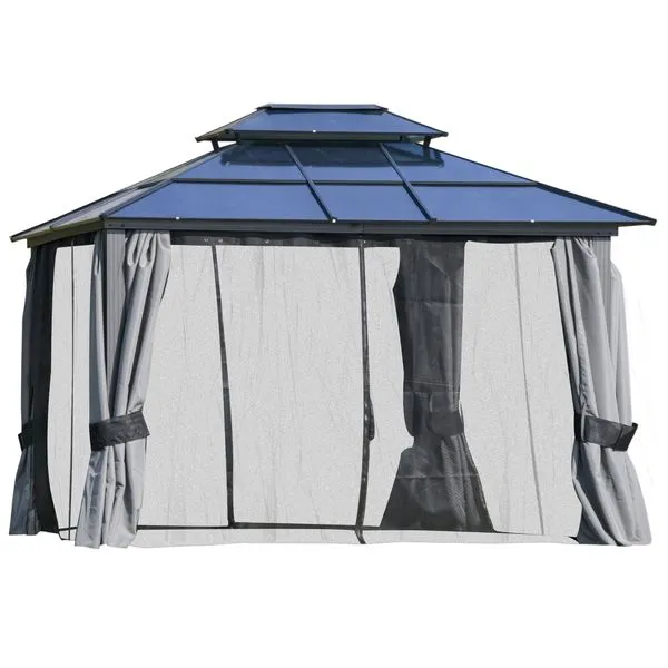 12 x 10 ft. Outdoor Double Tiered Hardtop Gazebo Canopy with Curtains - Black