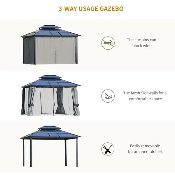 12 x 10 ft. Outdoor Double Tiered Hardtop Gazebo Canopy with Curtains - Black