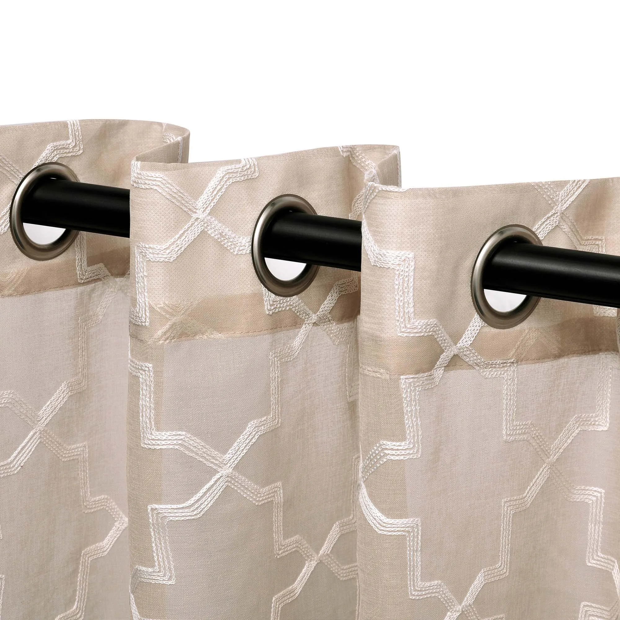 Embroidered Quatrefoil Sheer Grommet Curtain Set