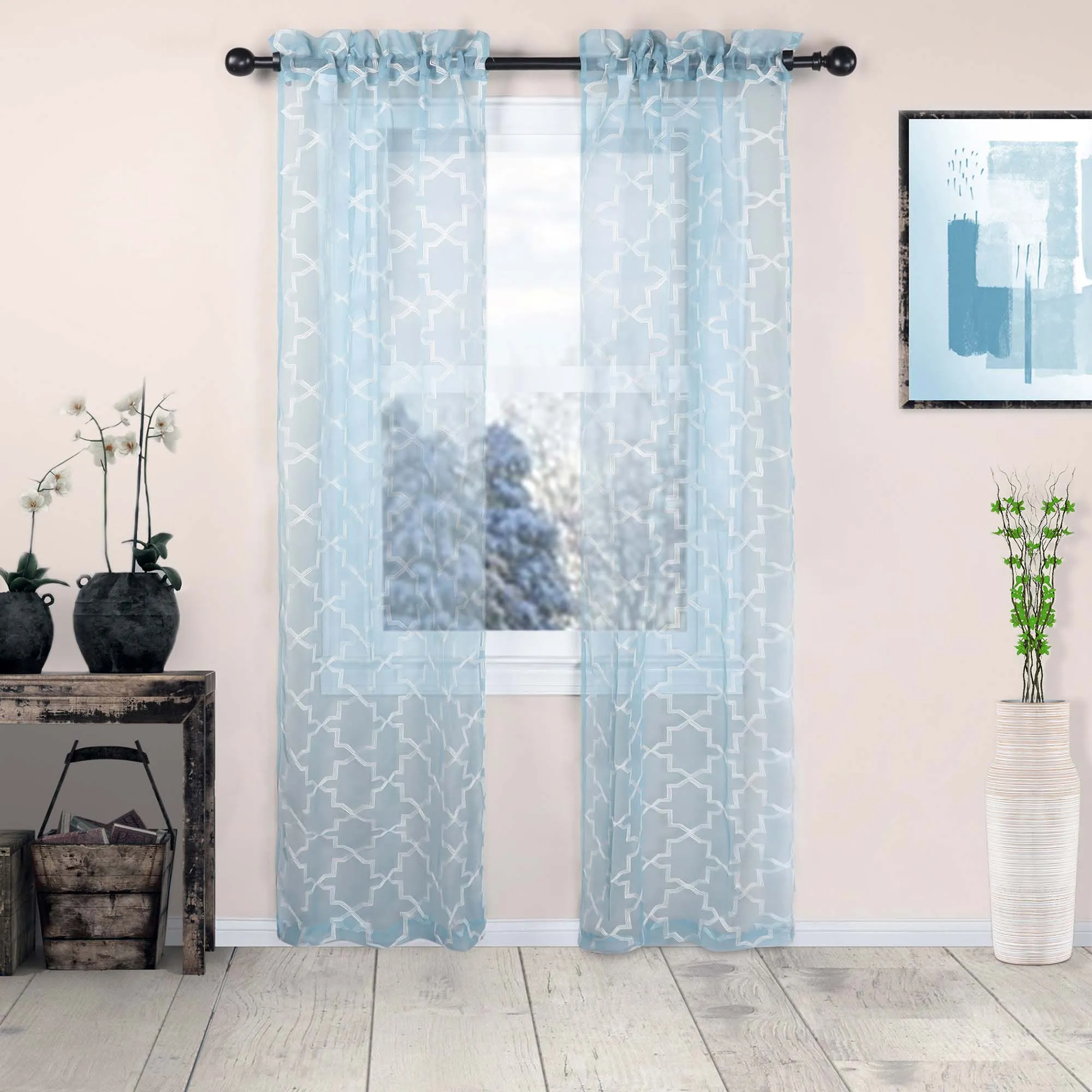 Embroidered Quatrefoil Sheer Grommet Curtain Set