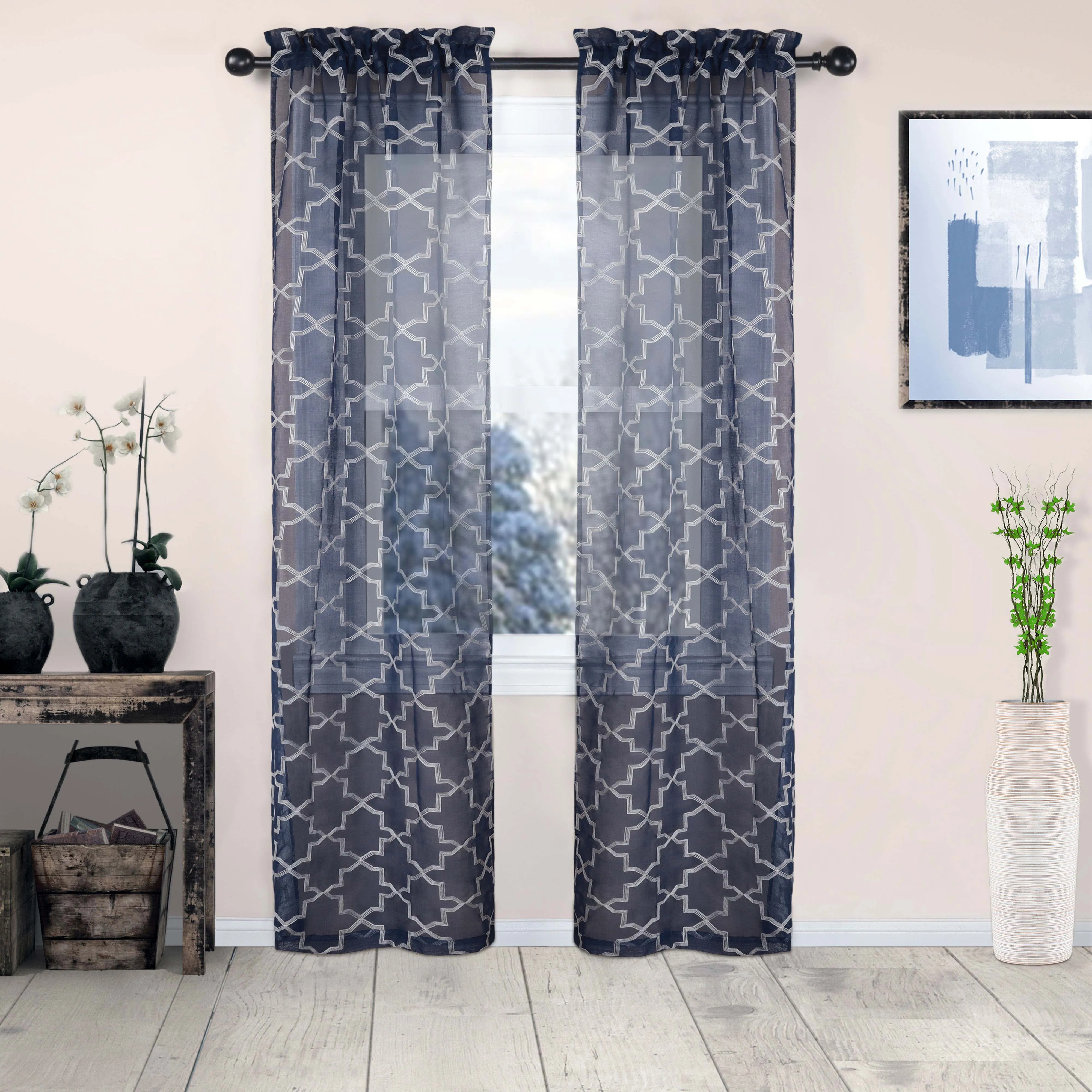 Embroidered Quatrefoil Sheer Grommet Curtain Set