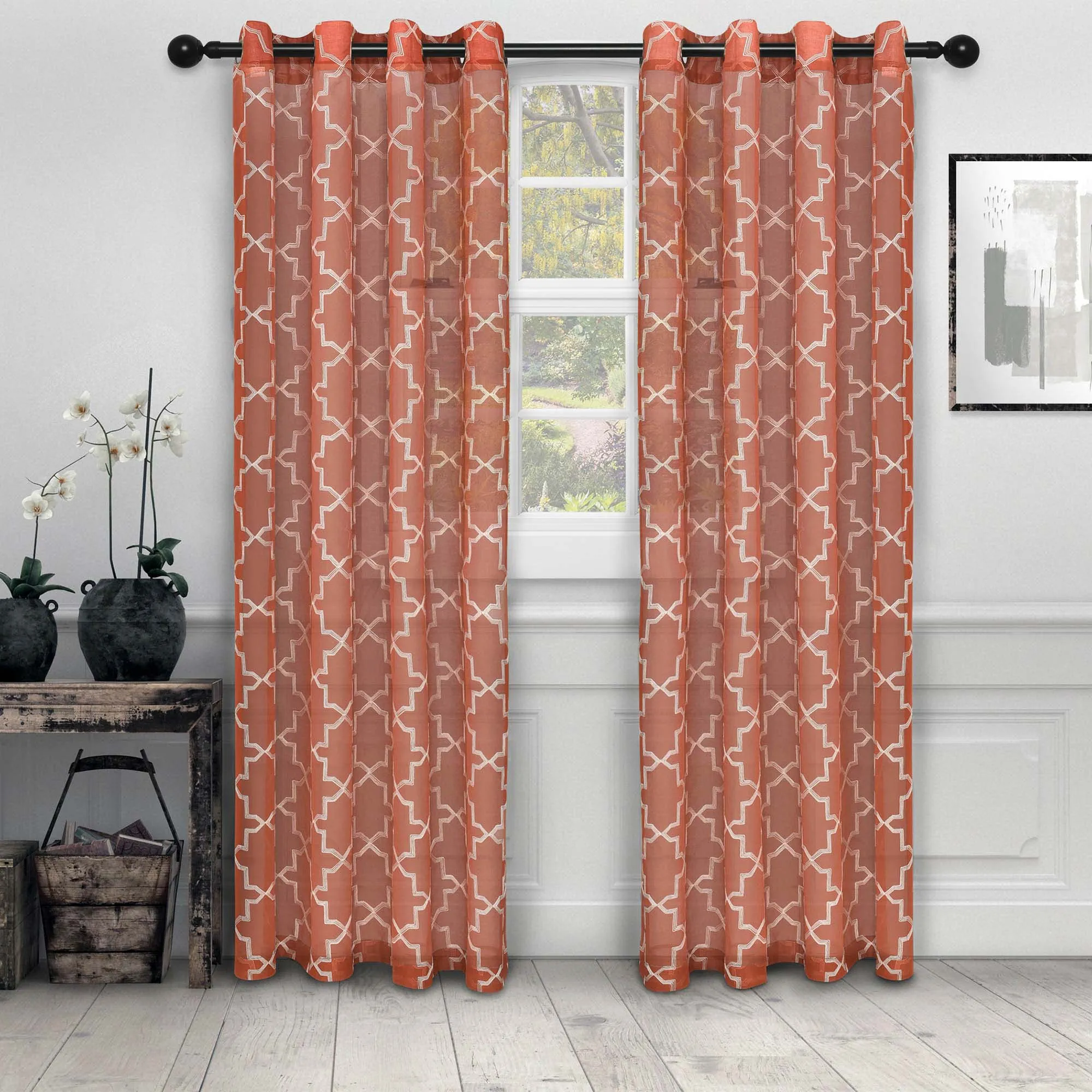 Embroidered Quatrefoil Sheer Grommet Curtain Set