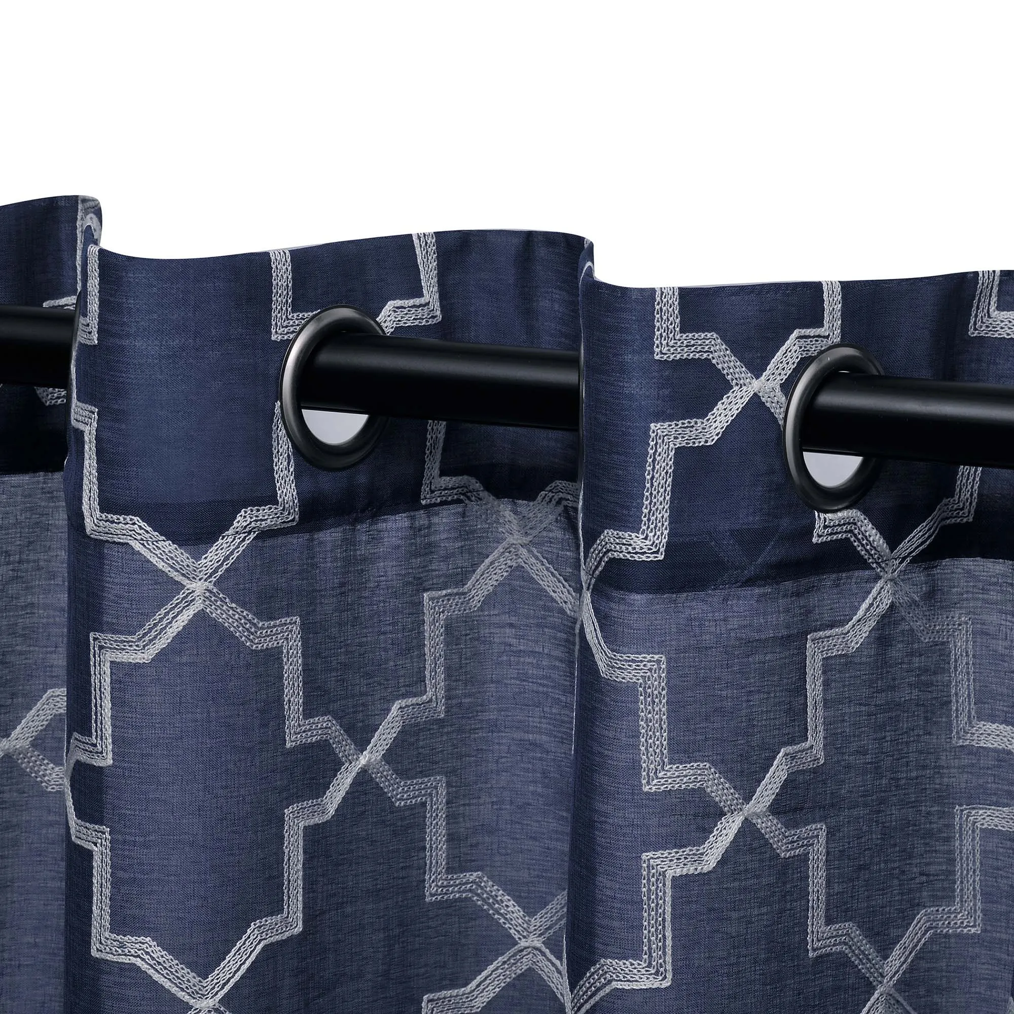 Embroidered Quatrefoil Sheer Grommet Curtain Set