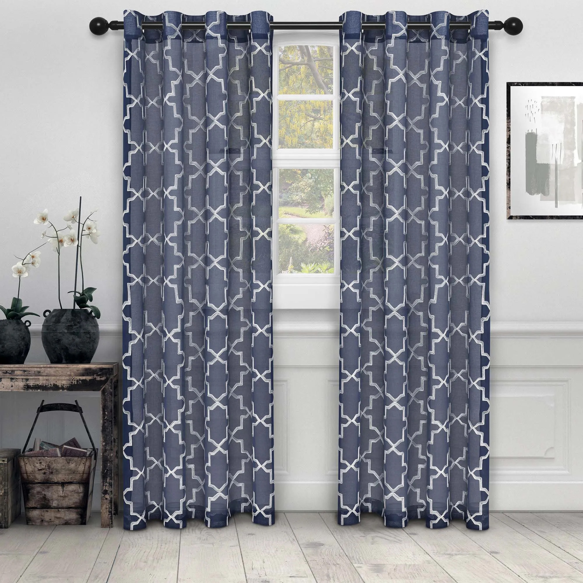 Embroidered Quatrefoil Sheer Grommet Curtain Set
