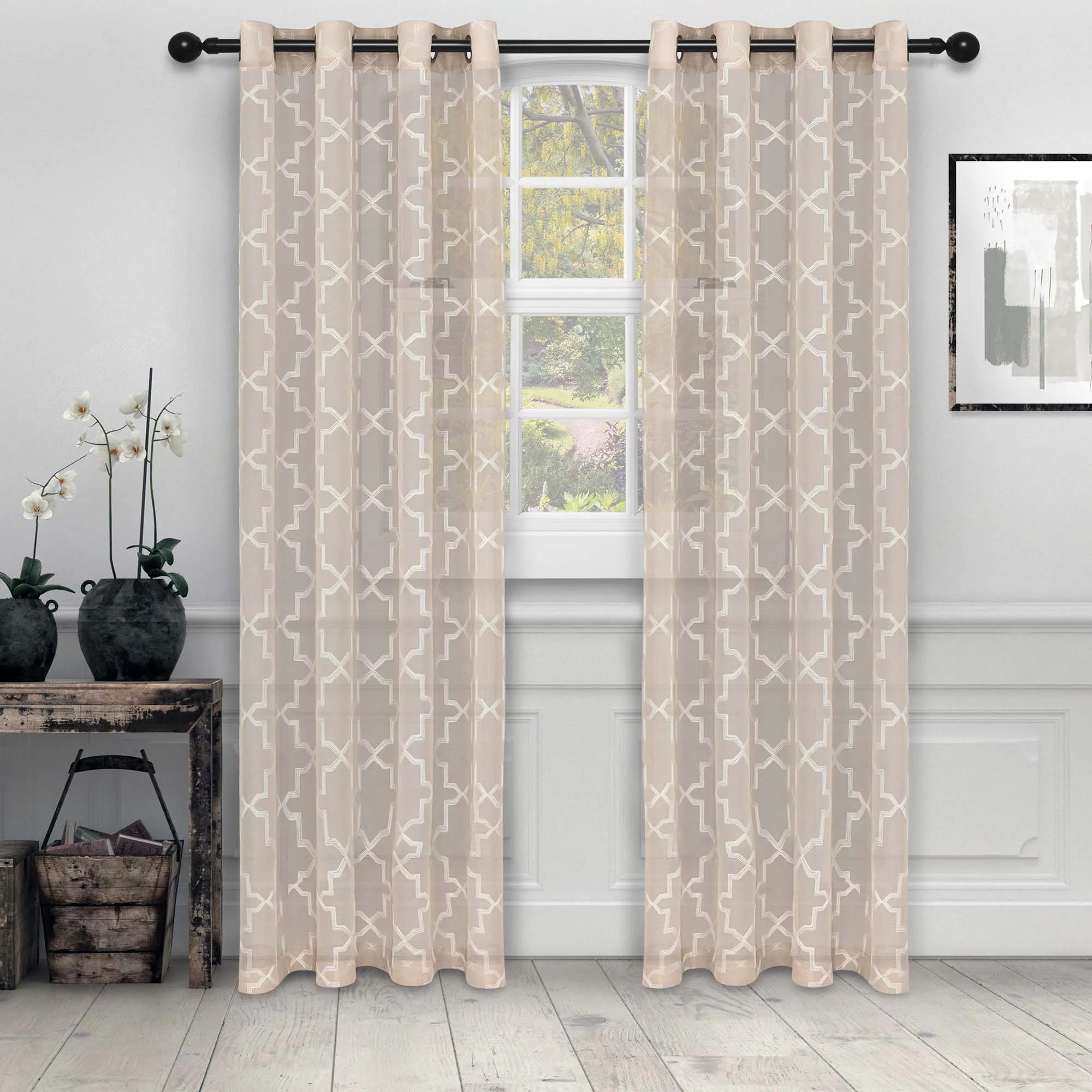 Embroidered Quatrefoil Sheer Grommet Curtain Set