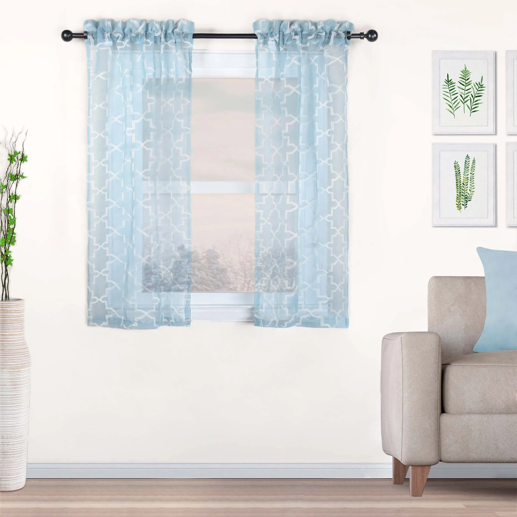 Embroidered Quatrefoil Sheer Grommet Curtain Set