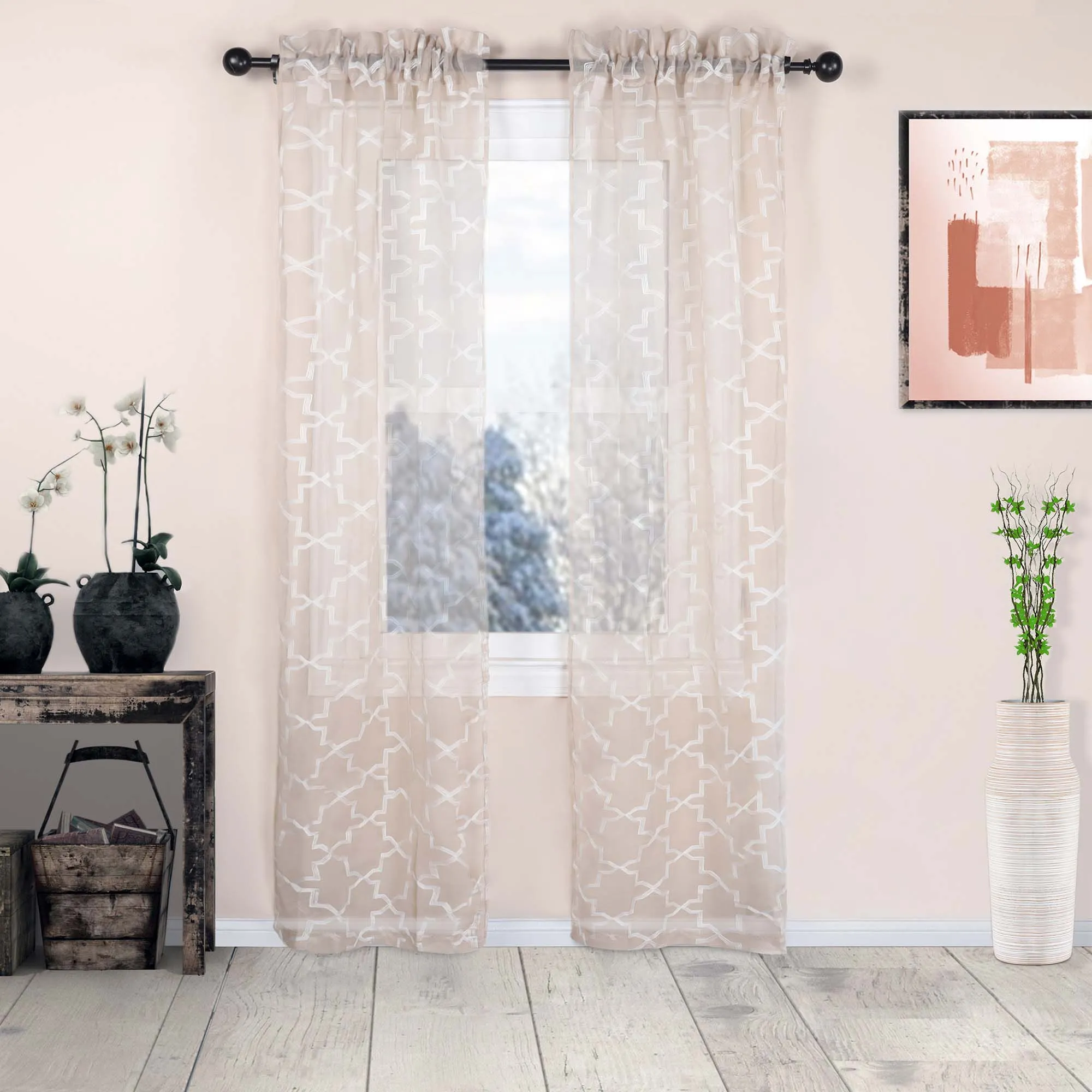 Embroidered Quatrefoil Sheer Grommet Curtain Set