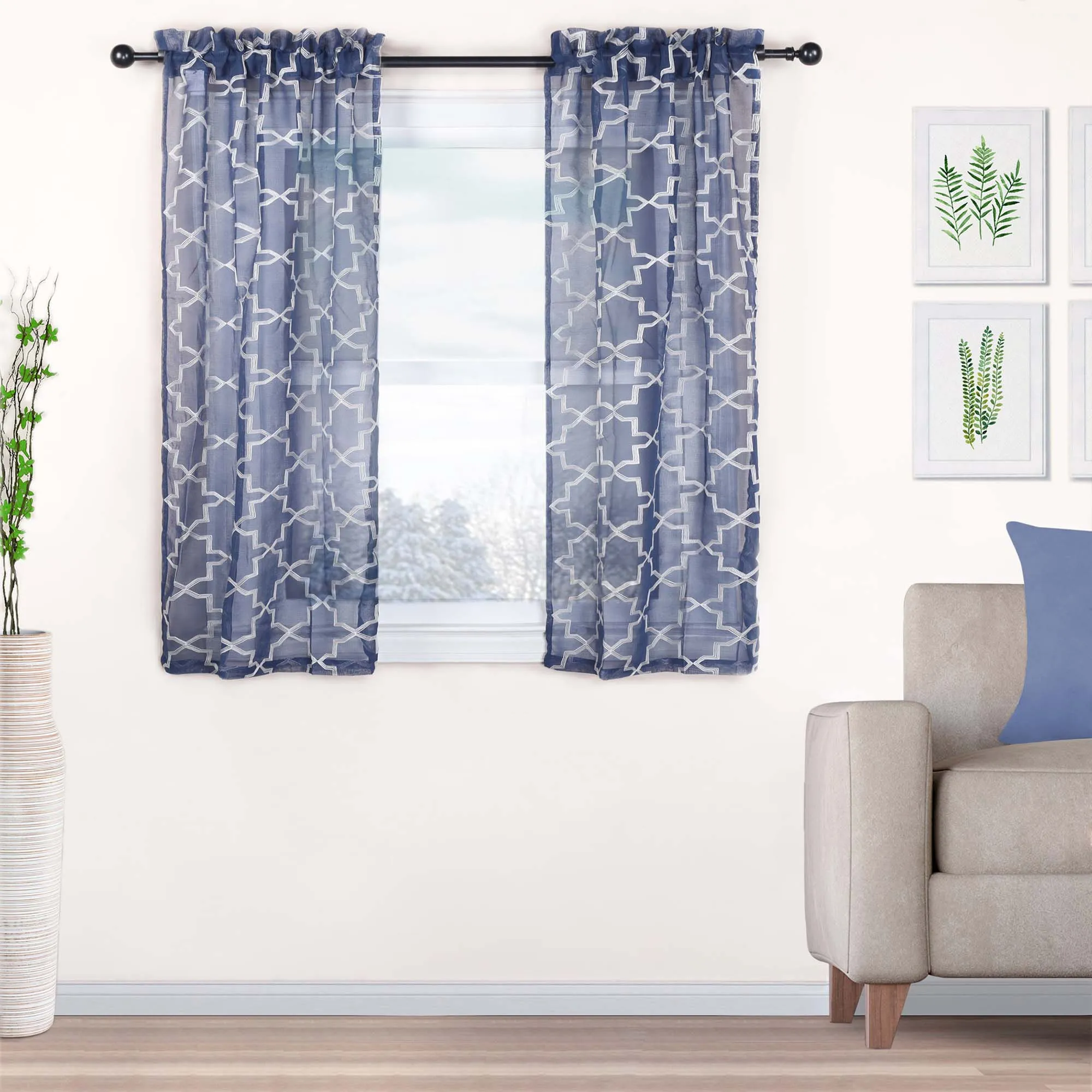 Embroidered Quatrefoil Sheer Grommet Curtain Set