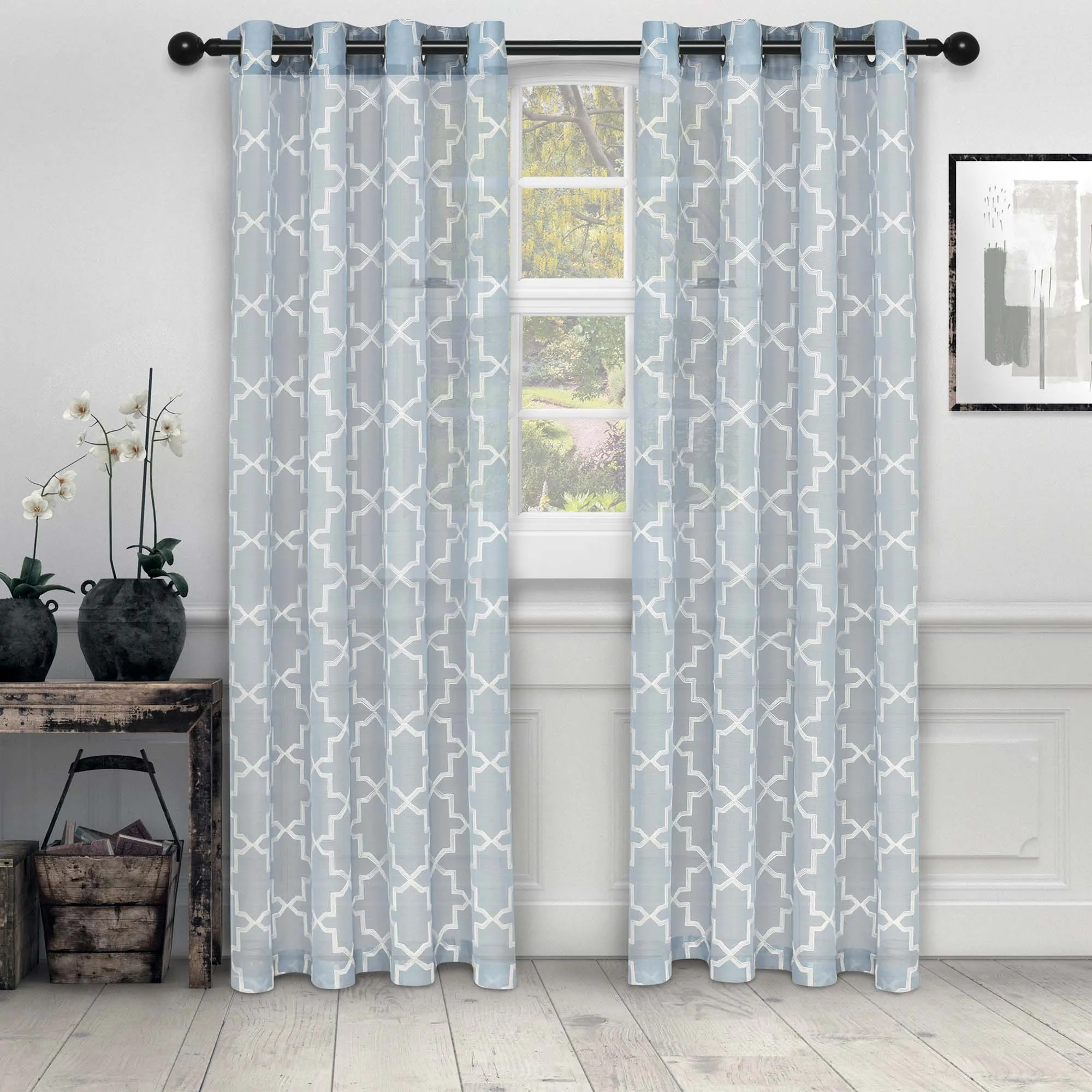 Embroidered Quatrefoil Sheer Grommet Curtain Set