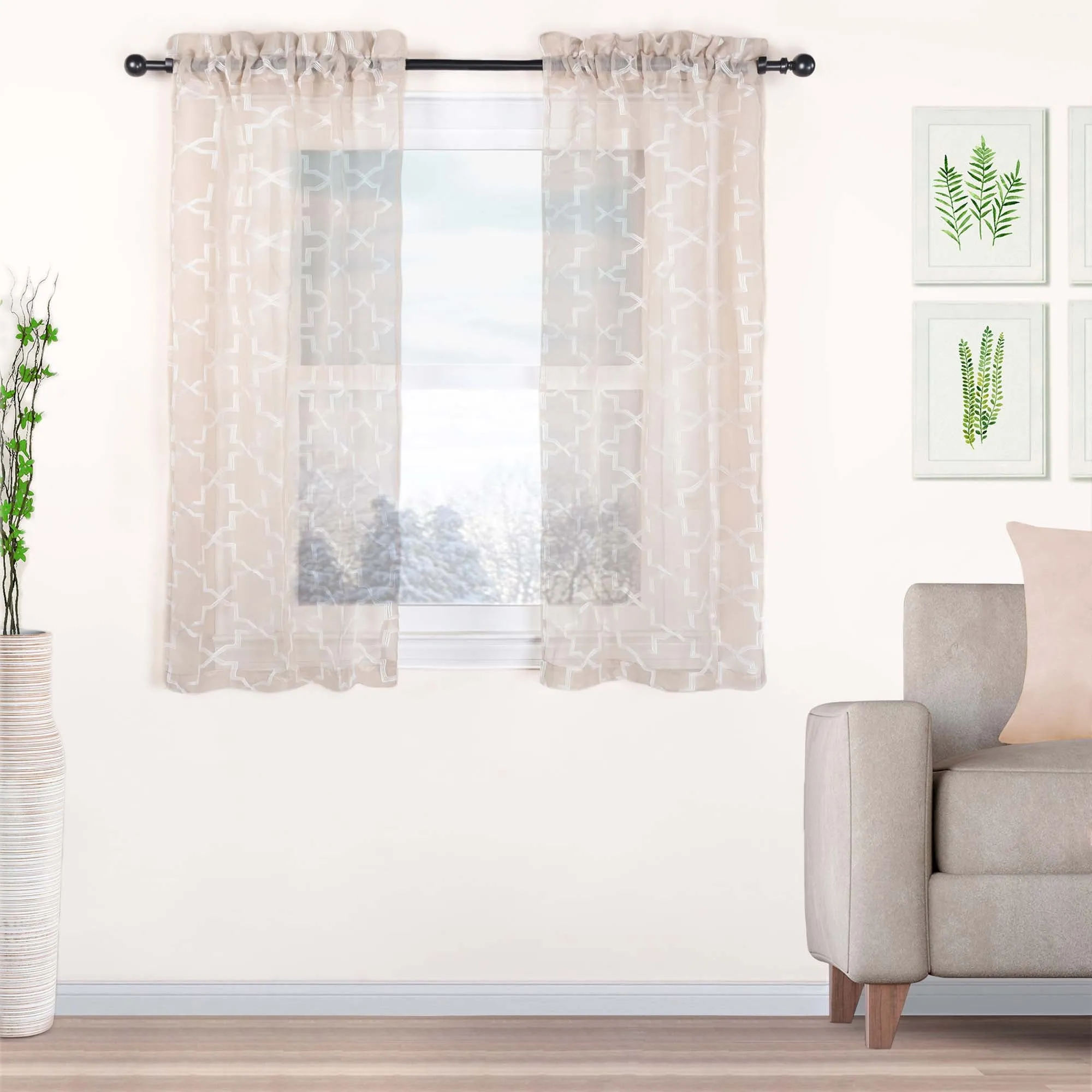 Embroidered Quatrefoil Sheer Grommet Curtain Set