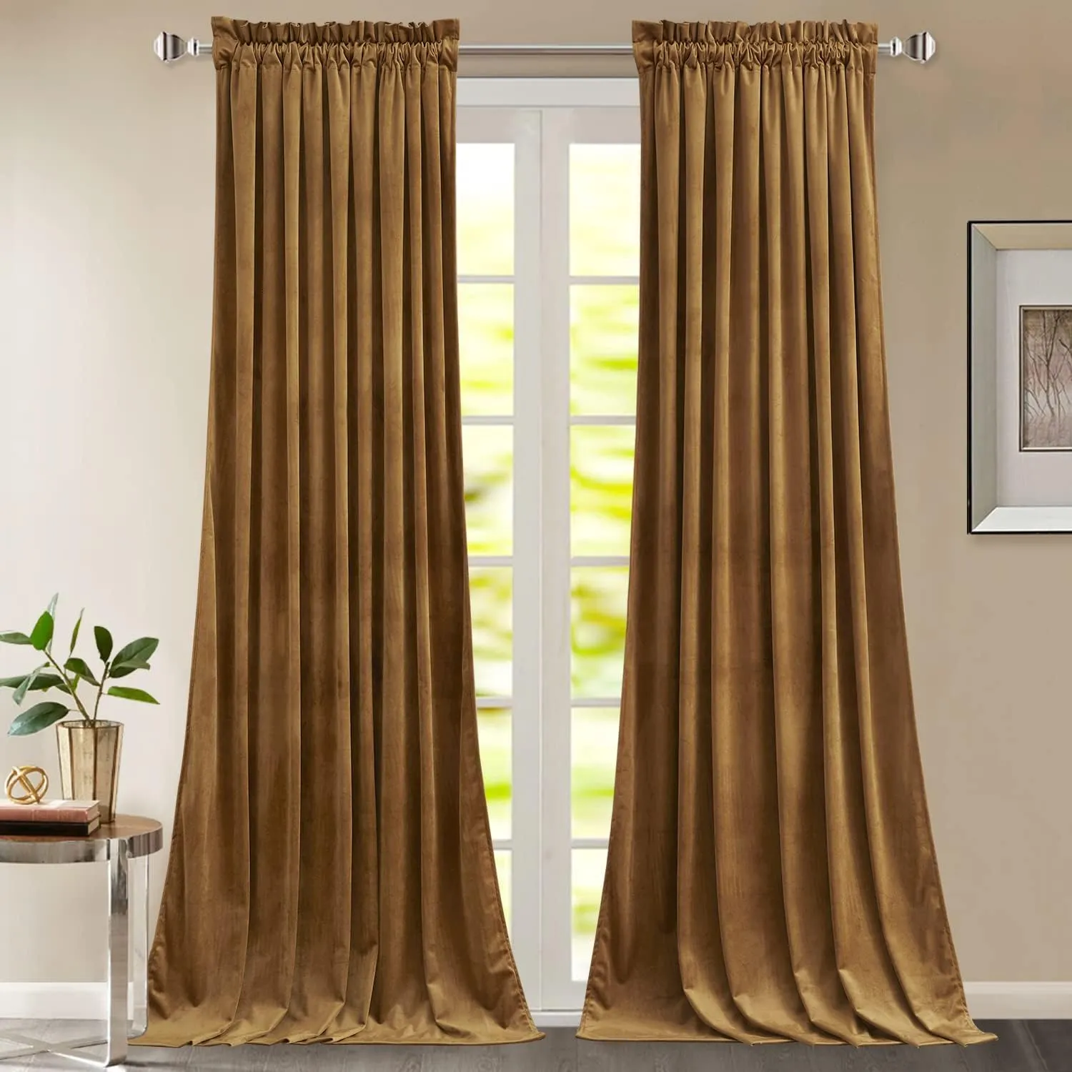 Gold Brown-Velvet Window Curtains (Ultra Soft)
