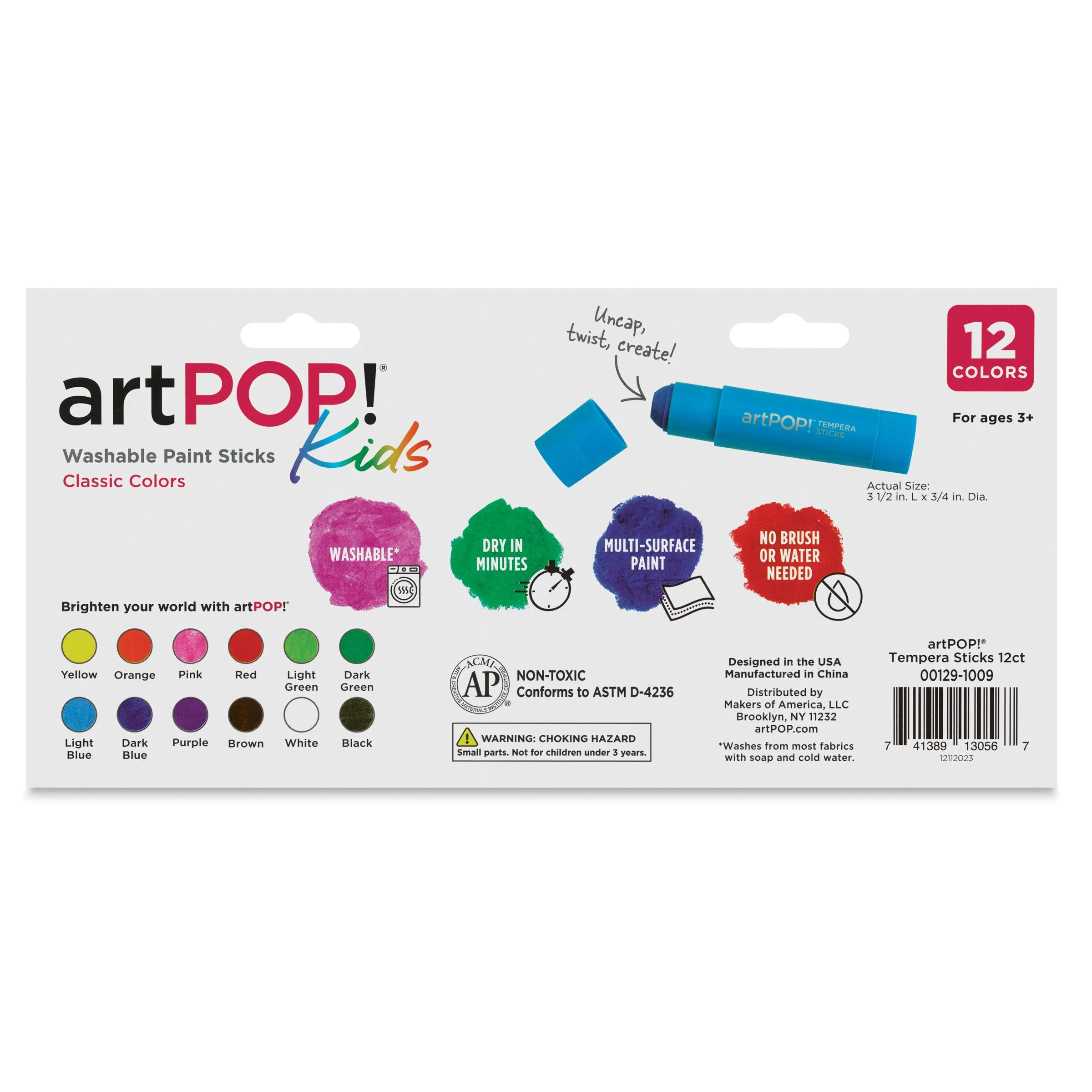 Kids Washable Tempera Paint Stick Set of 12, Classic Colors