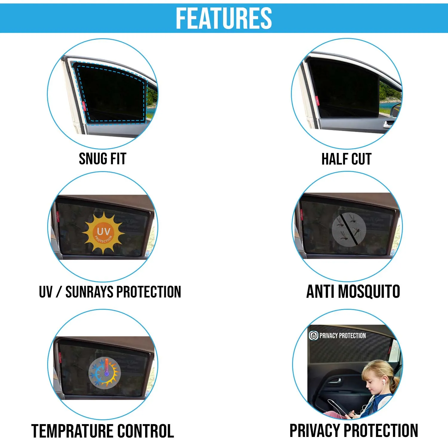 KINGSWAY® XUV 500 Car Sun Shade Z-Black Non Magnetic Fix Type Curtains for 2015 to 2017 Model, Compatible with Mahindra XUV 500 Side Window Car Sunshade, Only Half Cut in Front Window, Black, 6 Piece